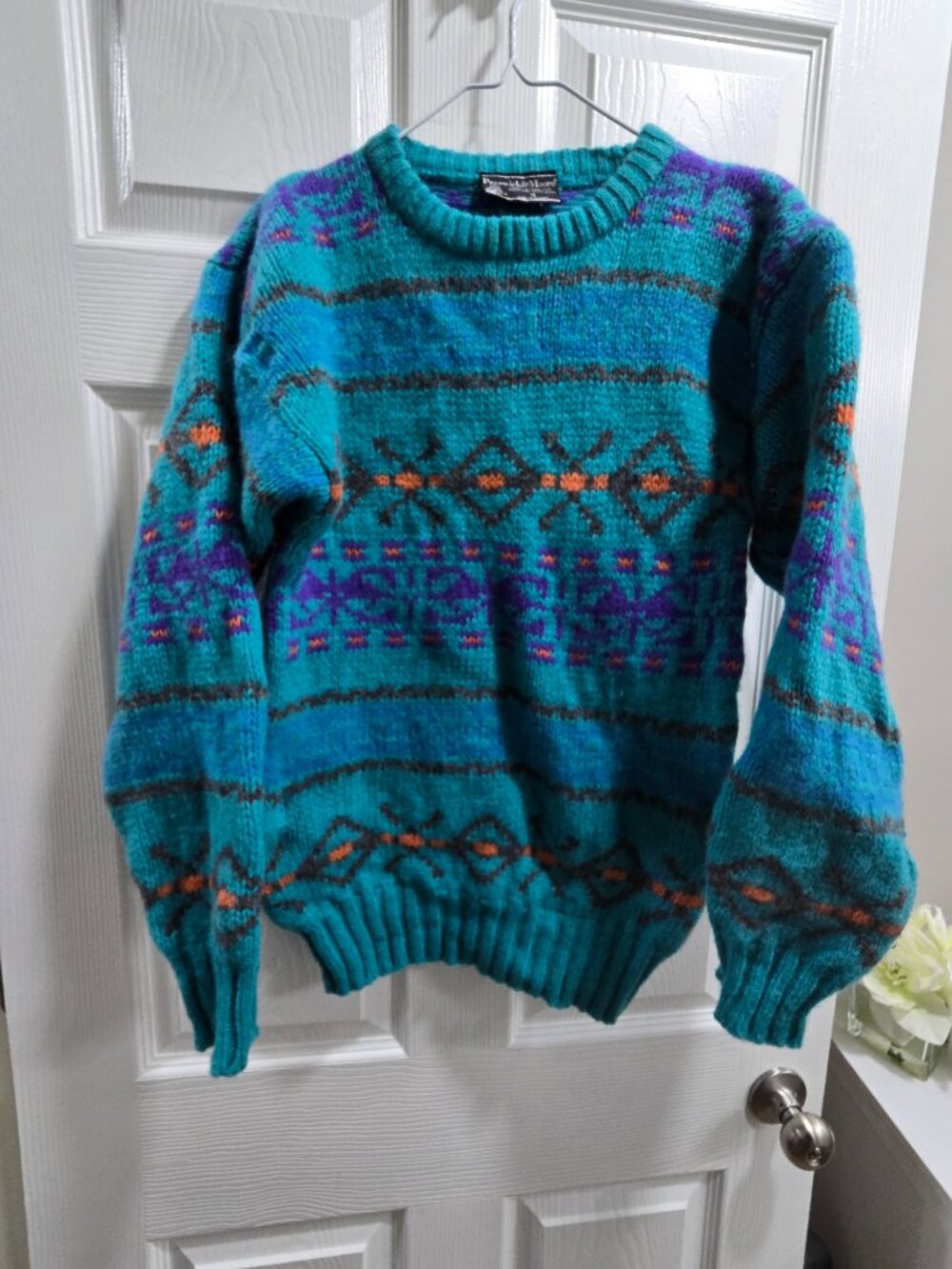 Vtg Preswick & Moore Shetland Wool Sweater Men’s S Chunky Knit Heavyweight Aztec
